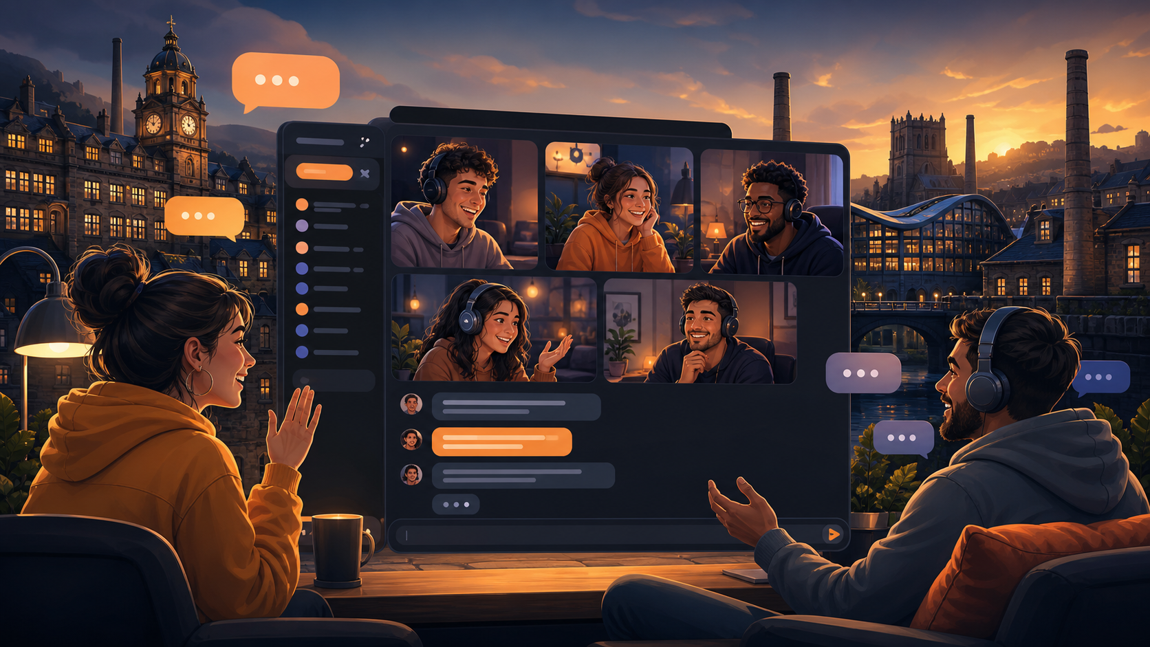 People chatting online with a warm Bradford evening backdrop
