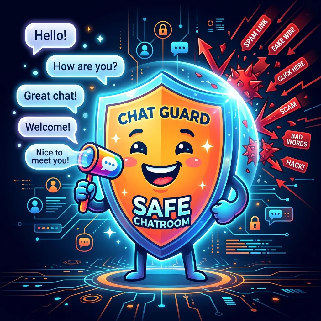 Glowing neon safety shield protecting message bubbles from spam spikes