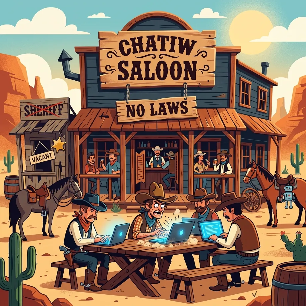 artoon cowboys sitting at wooden tables in front of a wild west saloon named Chatiw Saloon with a NO LAWS sign typing frantically on modern glowing blue laptops