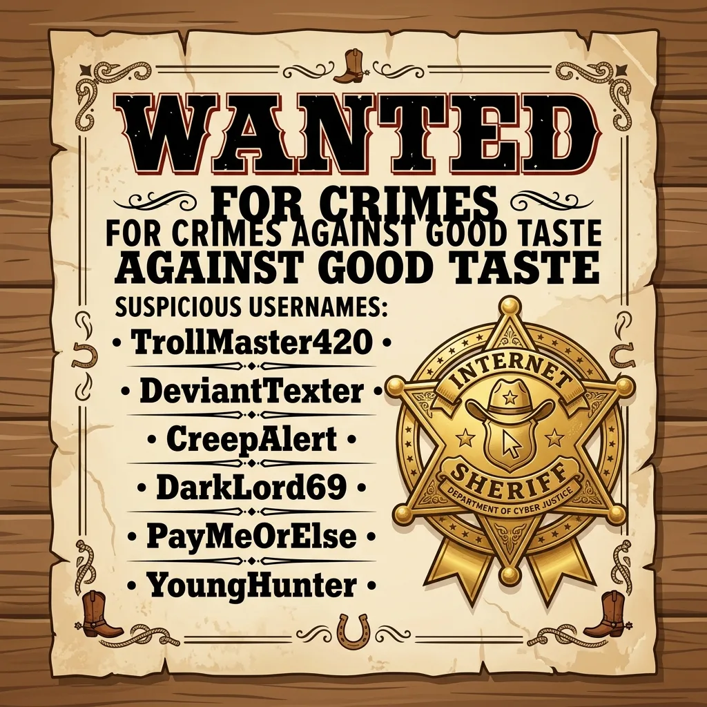 A wild west wanted poster on parchment paper listing suspicious usernames like TrollMaster420 DeviantTexter CreepAlert DarkLord69 and PayMeOrElse next to a gold Internet Sheriff star badge