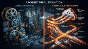 Diagram comparing legacy AJAX polling architecture with modern cloud WebSockets and zero database strain