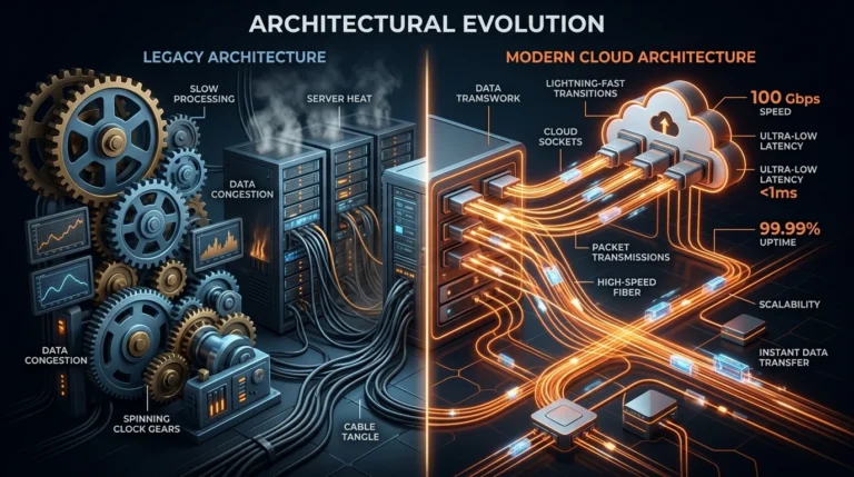 Diagram comparing legacy AJAX polling architecture with modern cloud WebSockets and zero database strain