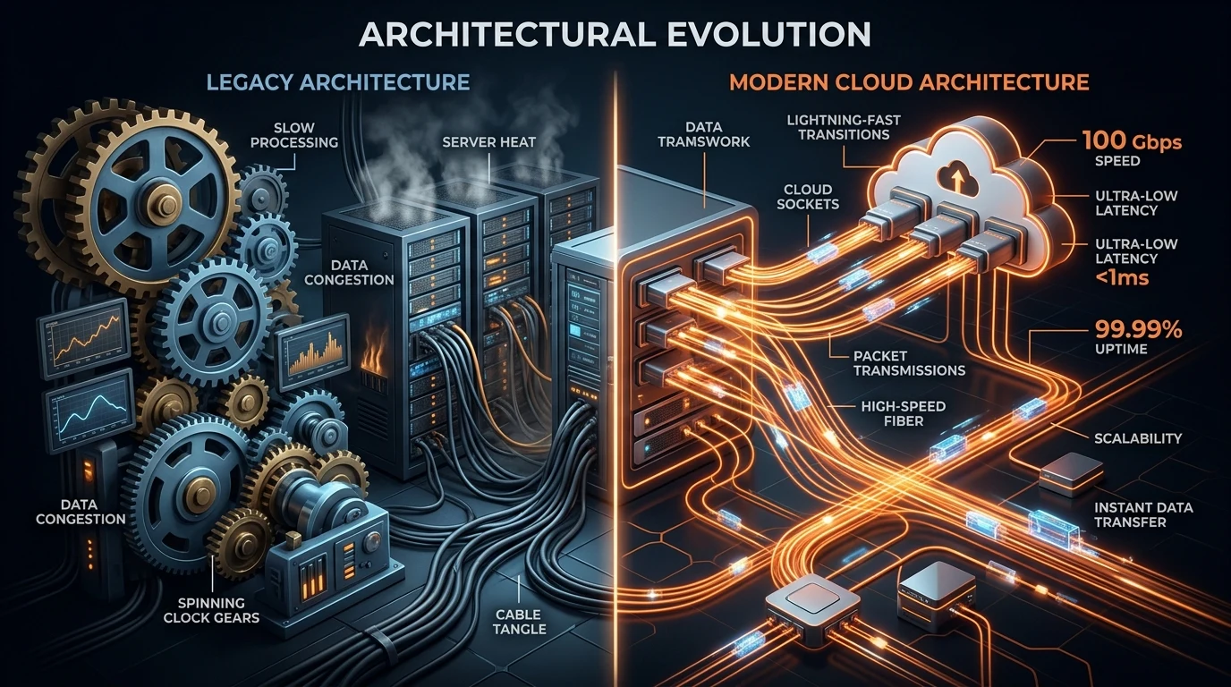 Diagram comparing legacy AJAX polling architecture with modern cloud WebSockets and zero database strain