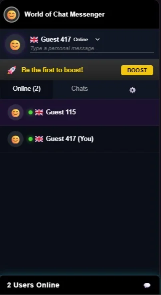 WOC Messenger online list The WOC Messenger panel with two guests online, a boost banner and Online and Chats tabs