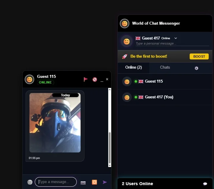 WOC Messenger private chat A private chat window with a shared photo, open beside the main messenger panel
